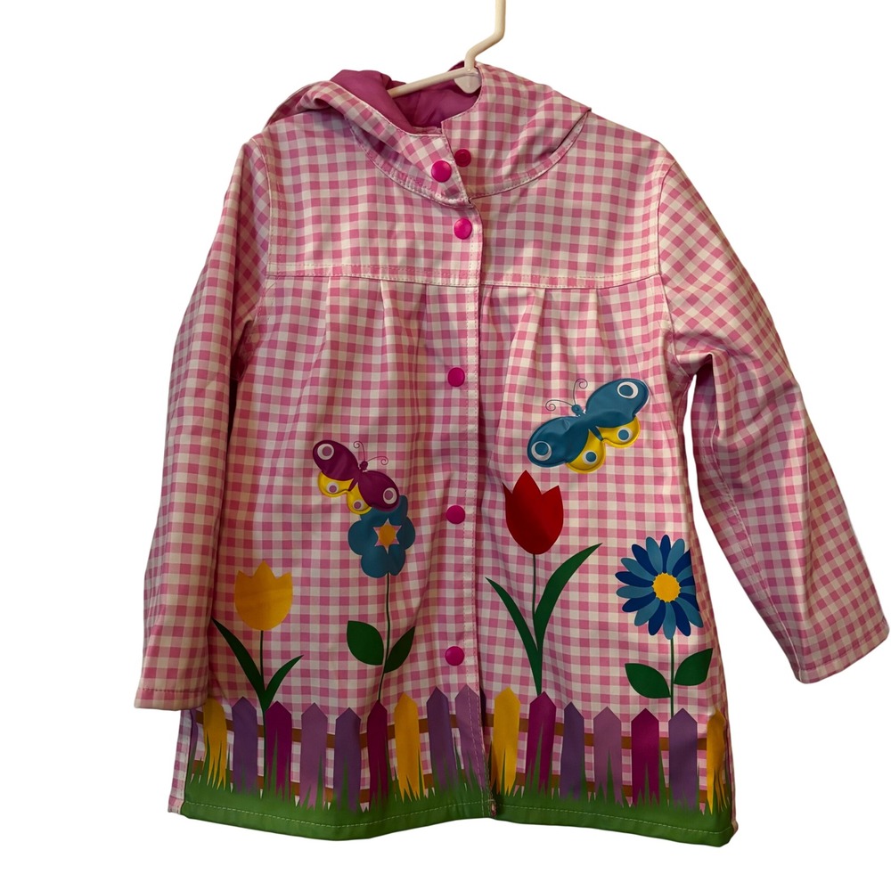 Wippette Kids Girls Raincoat‎ Sz 4 Pink Ginham Butterfly Tulip Garden
